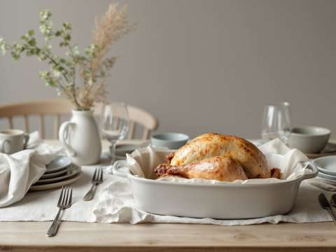 Rostad kalkon på bord med vinglas och porslin.