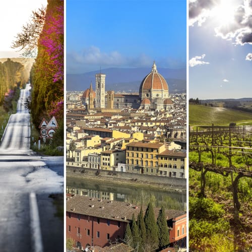 Tre bilder från Toscana - bilväg, Florens och vingård.