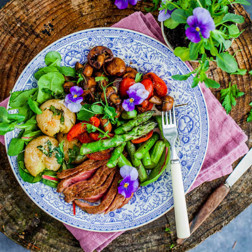 Grillad ryggbiff med krossad potatis och balsamicochampinjoner