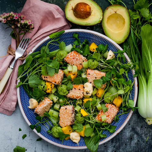 Laxsallad med avokadokräm och rökt majonnäs