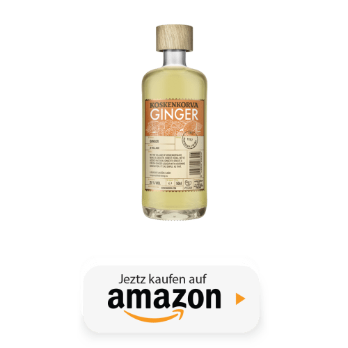 Koskenkorva Ingwerlikörflasche mit weißem Hintergrund mit Heute Einkaufen Text und Amazon logo