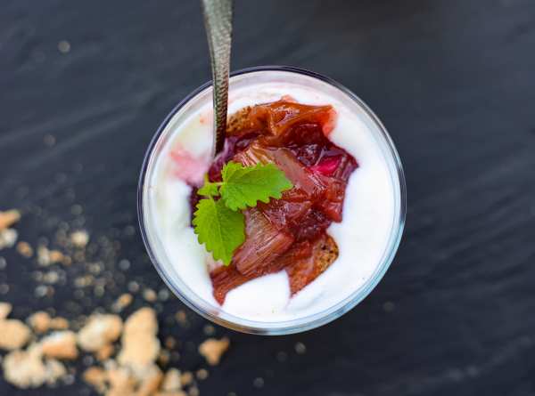 Rhubarb trifle with rich vanilla cream and homemade macaroons