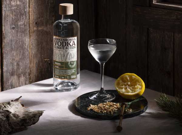 Koskenkorva vodka bottle next to a zero waste cocktail