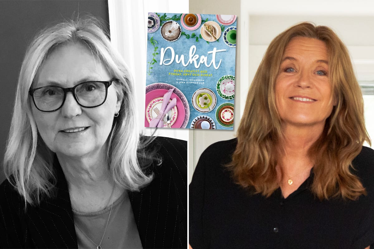 Omslag till boken "Dukat" och författarna Gunilla Johansson och Lena Djuphammar.
