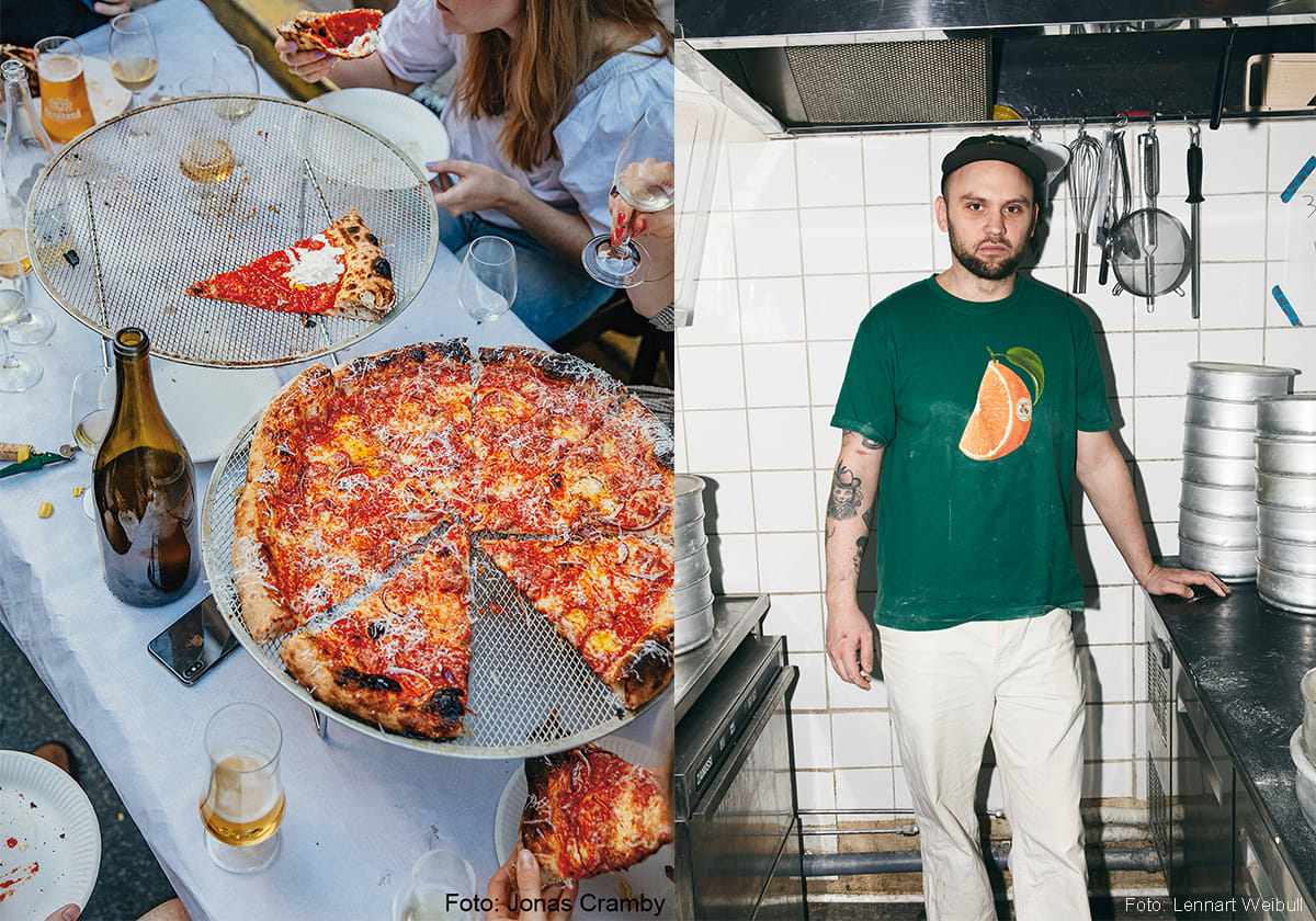 Pizza på bord och Oskar Montano