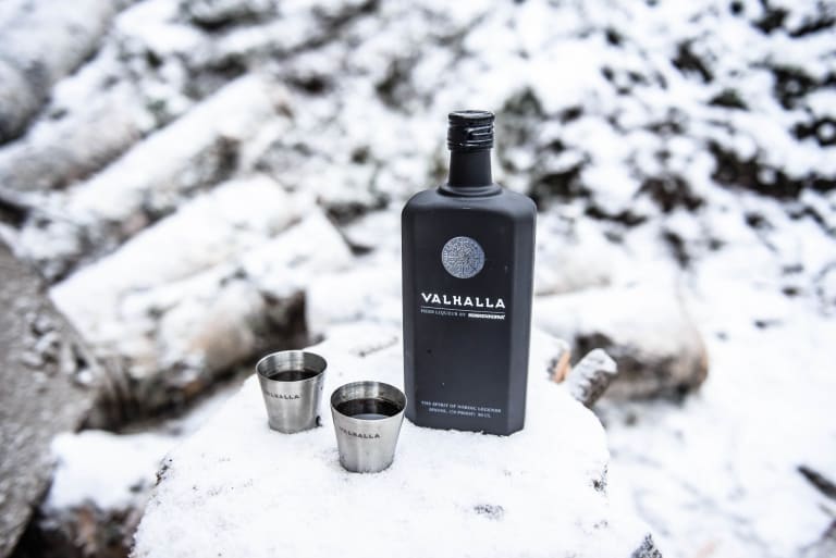 Valhalla bottle with two shot glasses