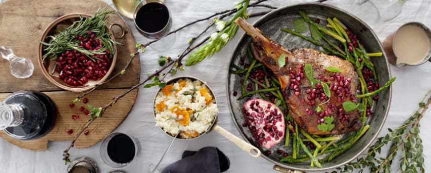 Pikalt hautatud lihavõttetall granaatõuna ja bataadirisottoga