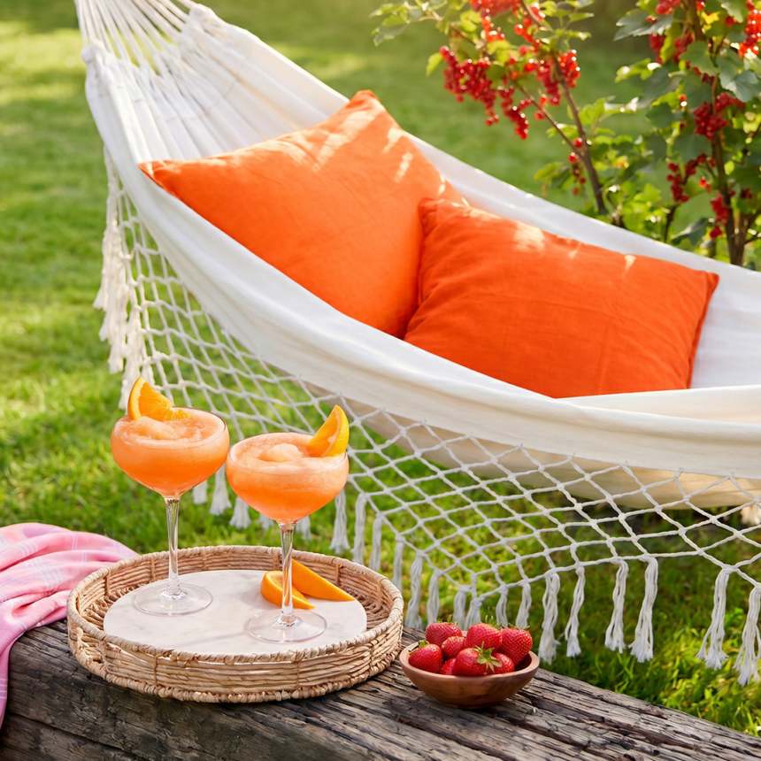 Frozen Aperol Spritz kokteil suvises aias võrkkiige ees