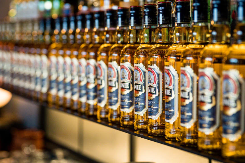 Linie Aquavit bottles on a shelf