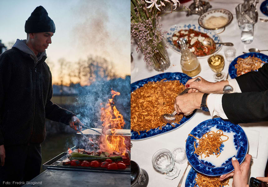 Dukat bord med pasta och Joel Åhlin grillar