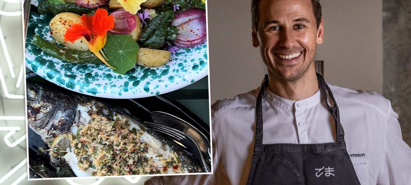 Jonas Svensson lagar grillad havsabborre.
