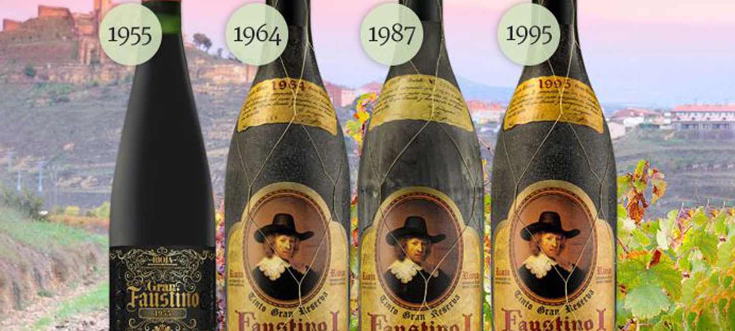 Fyra olika årgångar av Faustino I Gran Reserva.