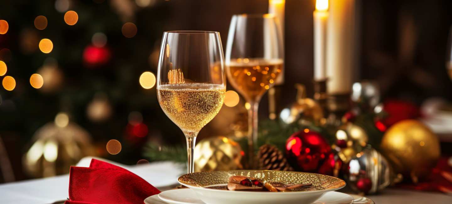Julmiddag och vitt vin i glas