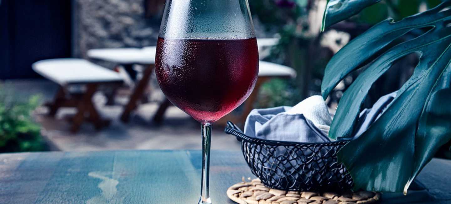 Ett glas kallt rödvin på ett bord.