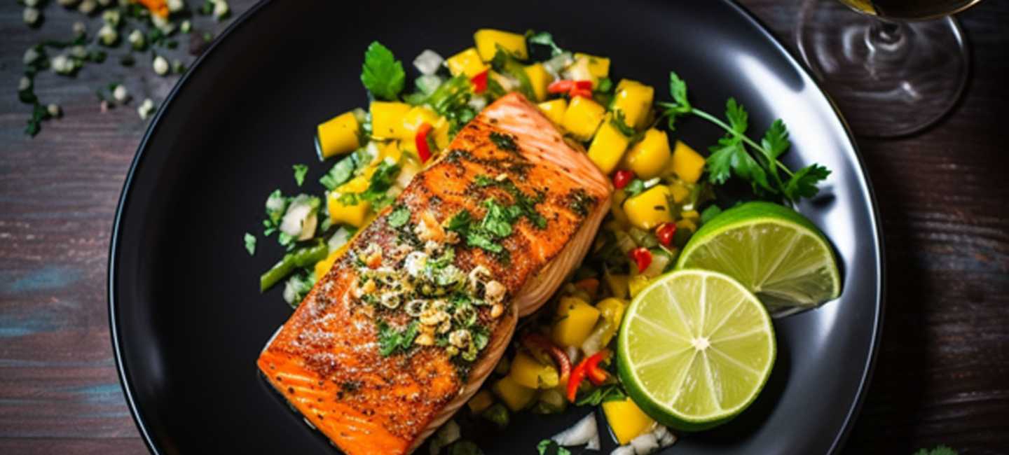 Bakad lax med mangosalsa.