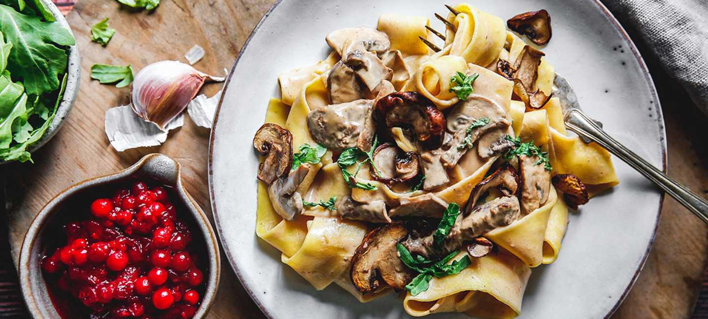 Krämig älgpasta med syrad grädde, svamp och rårörda lingon