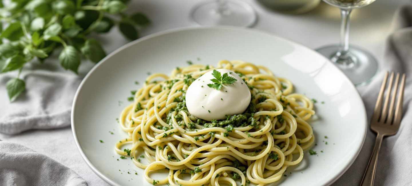 Pasta Pesto med burrata.
