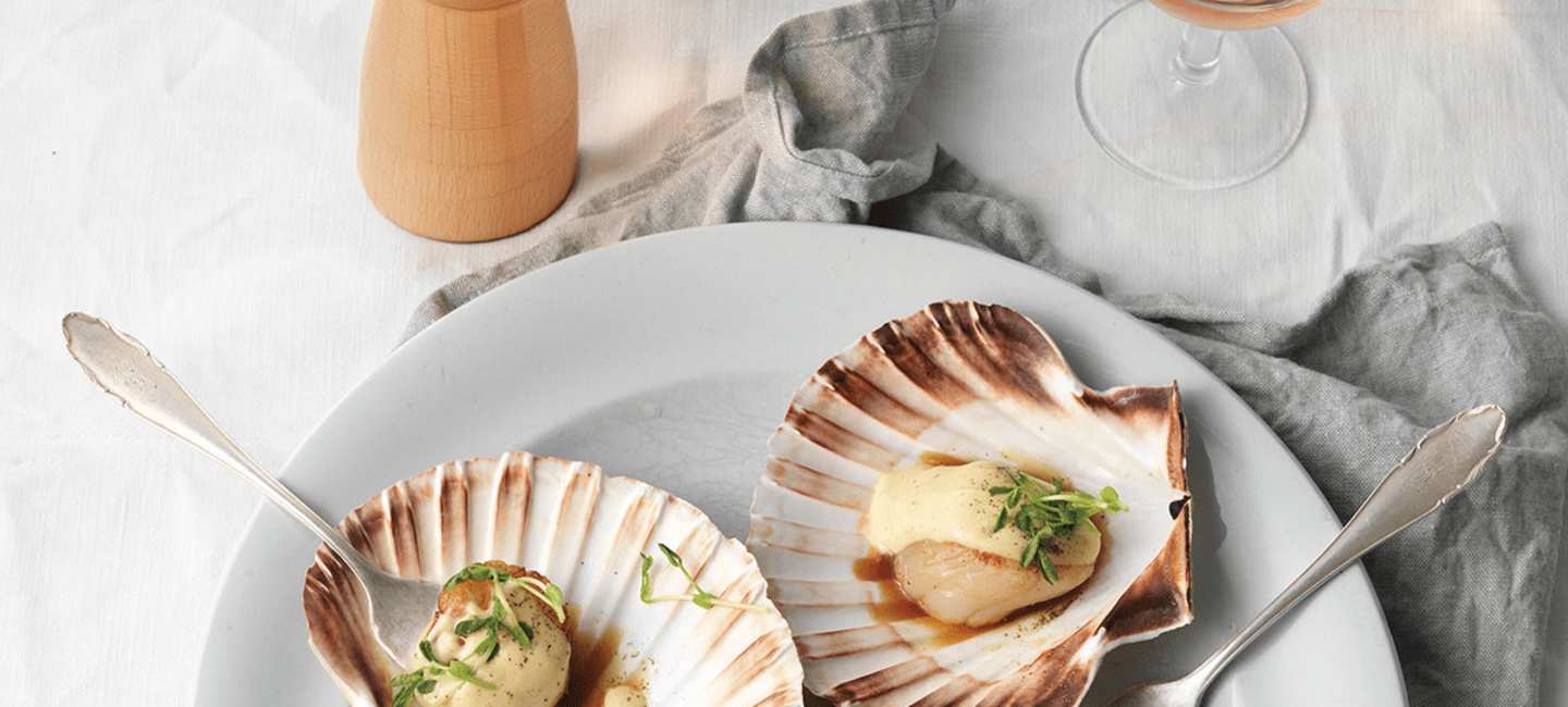 Pilgrimsmusslor med hollandaise.
