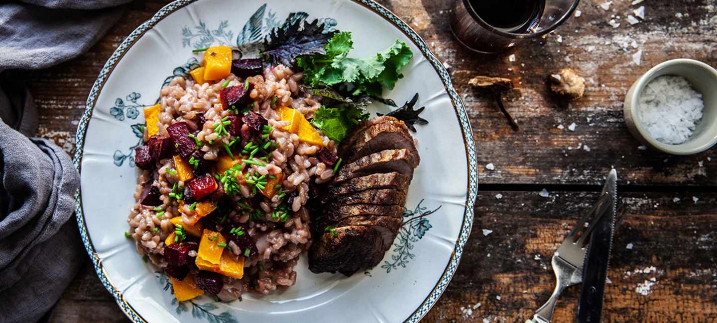 Risotto med trattkantareller och ugnsstekt dovhjort