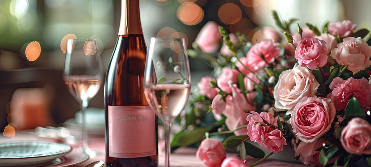 Vinflaska på bord med rosa blommor.