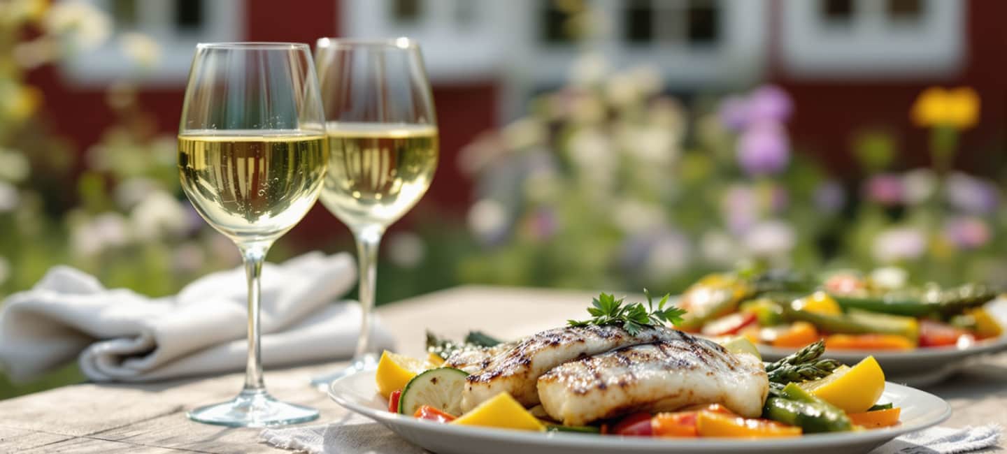 Vitt vin till grillad fisk och grillade grönsaker.