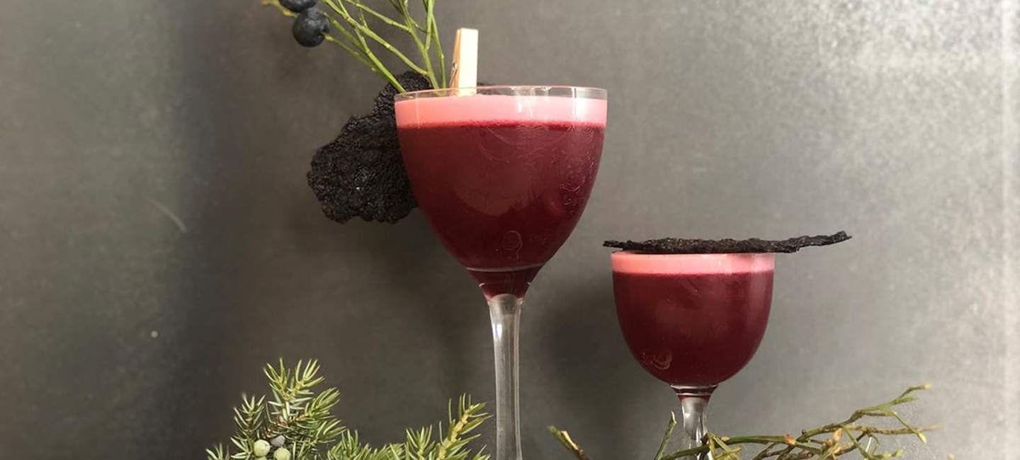 två cocktailglas med blåbärssour