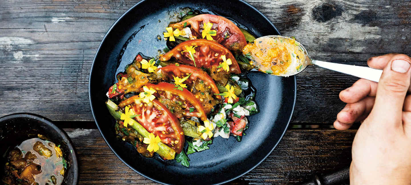 Ceviche på gös, råa tomater och salsa på grillade tomater