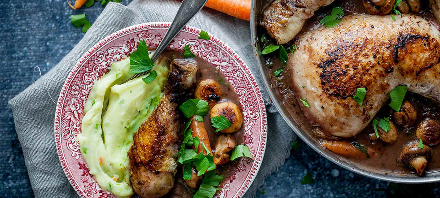 Coq au vin på kyckling