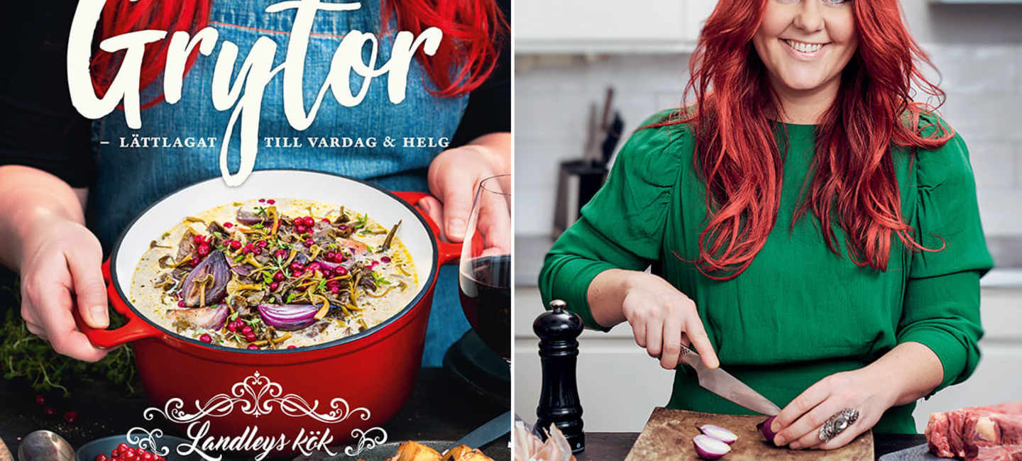 Madeleine Landley med boken Grytor
