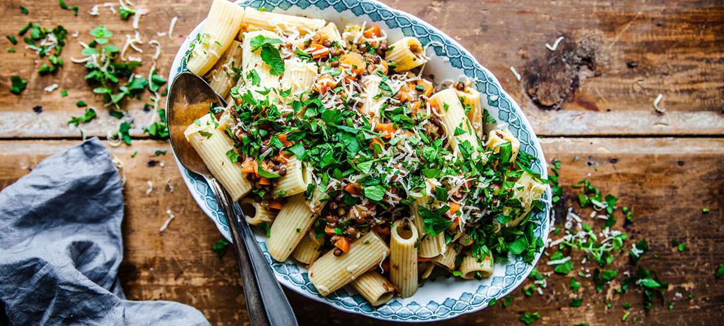 Lättlagad, italiensk Pasta Lenticchie med gröna linser.