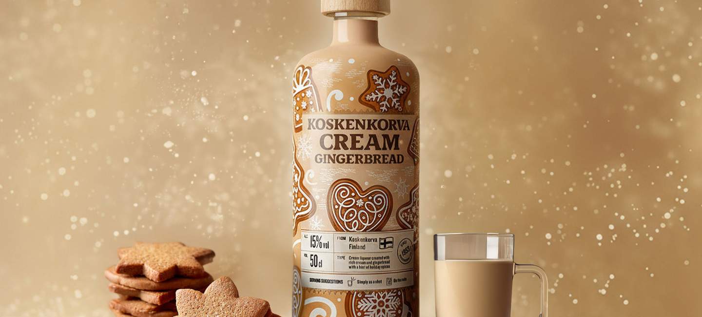 Koskenkorva Cream Gingerbread med pepparkakor och glas