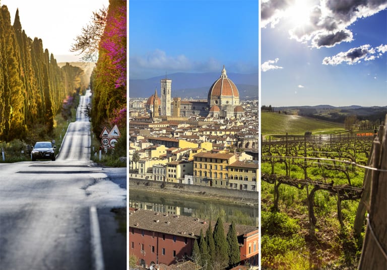 Tre bilder från Toscana - bilväg, Florens och vingård.