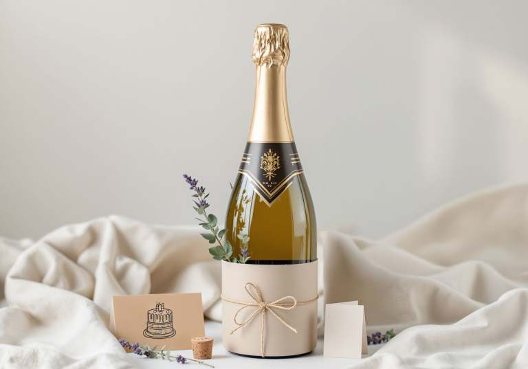 Champagne inslagen för att ge bort i present.