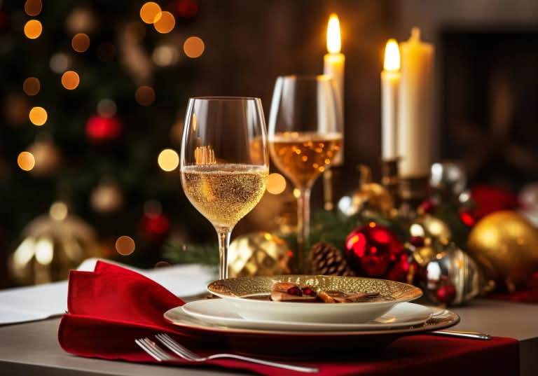 Julmiddag och vitt vin i glas