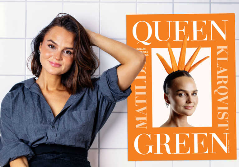 Matilda Klarqvist, vinnare av Sveriges Mästerkock 2025, och hennes kokbok Queen Green.