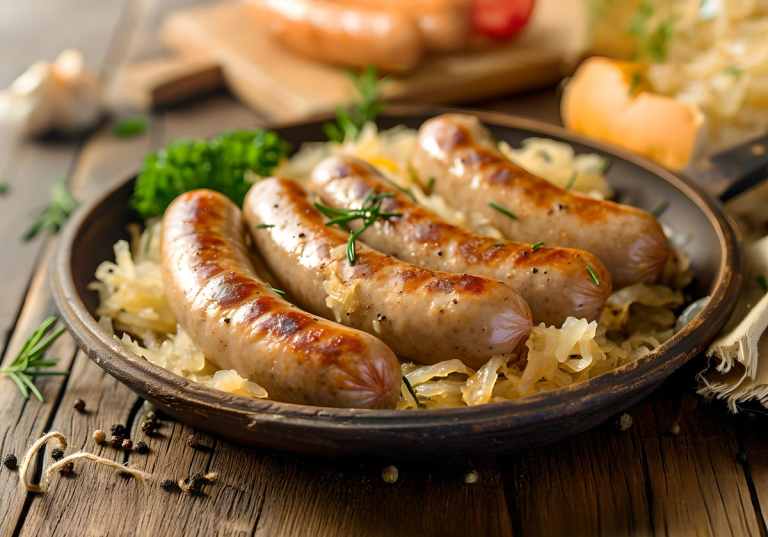 Hemlagad bratwurst med surkål.