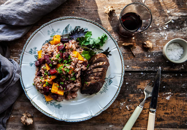 Risotto med trattkantareller och ugnsstekt dovhjort