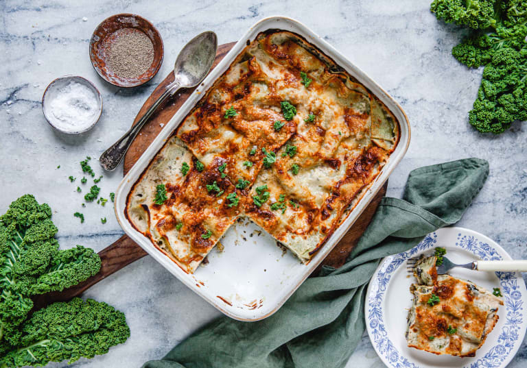 Vegetarisk lasagne med taleggio och svamp.