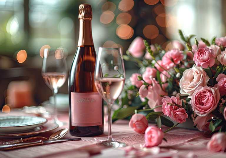 Vinflaska på bord med rosa blommor.