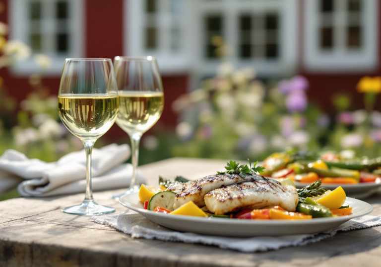 Vitt vin till grillad fisk och grillade grönsaker.