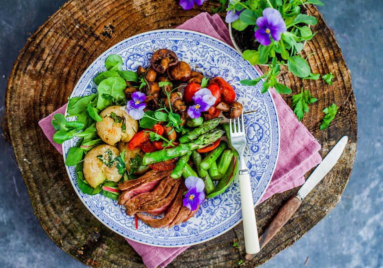 Grillad ryggbiff med krossad potatis och balsamicochampinjoner