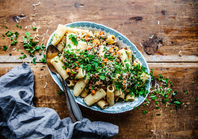 Lättlagad, italiensk Pasta Lenticchie med gröna linser.