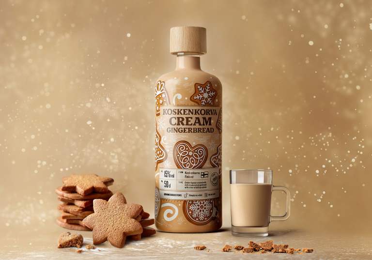Koskenkorva Cream Gingerbread med pepparkakor och glas
