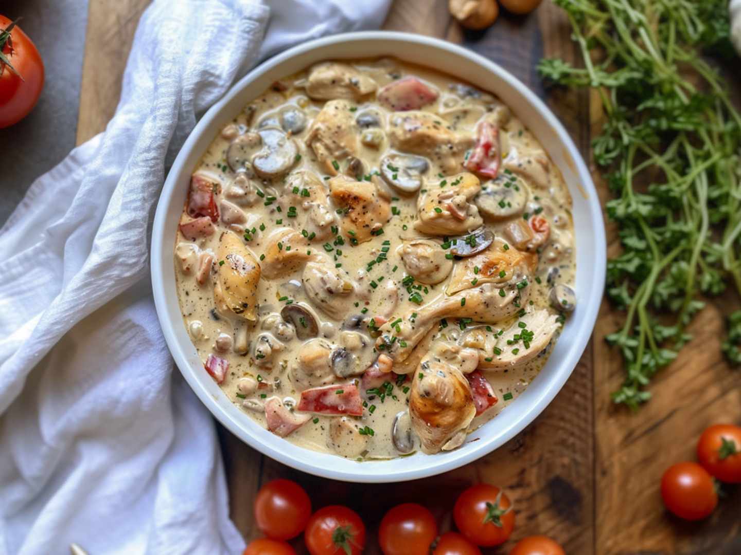 Kycklinggratäng med soltorkade tomater och basilika.