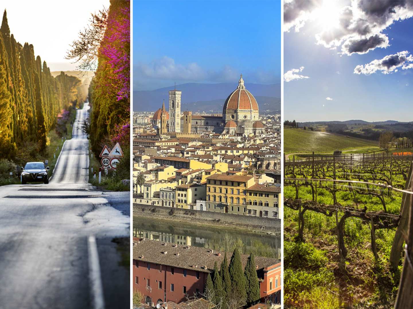 Tre bilder från Toscana - bilväg, Florens och vingård.