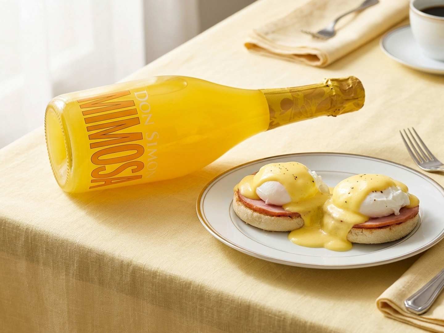 Don Simon Mimosa på bord med gul duk och Eggs Benedict.