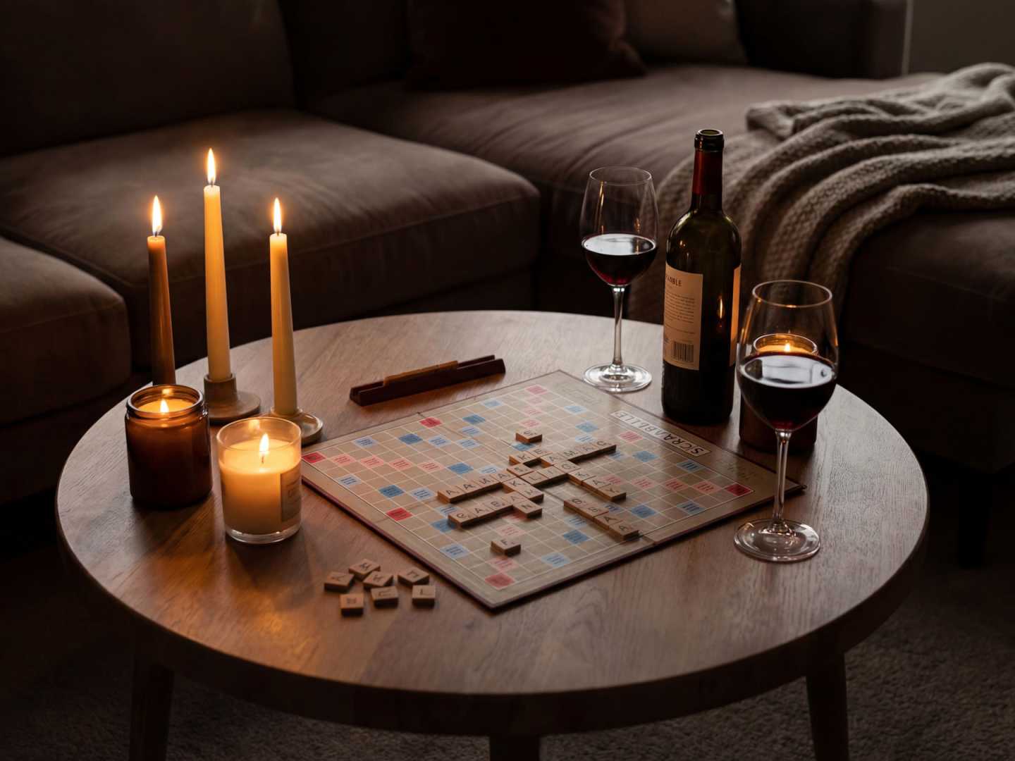 Earth Hour med tända ljus, brädspel och vin.