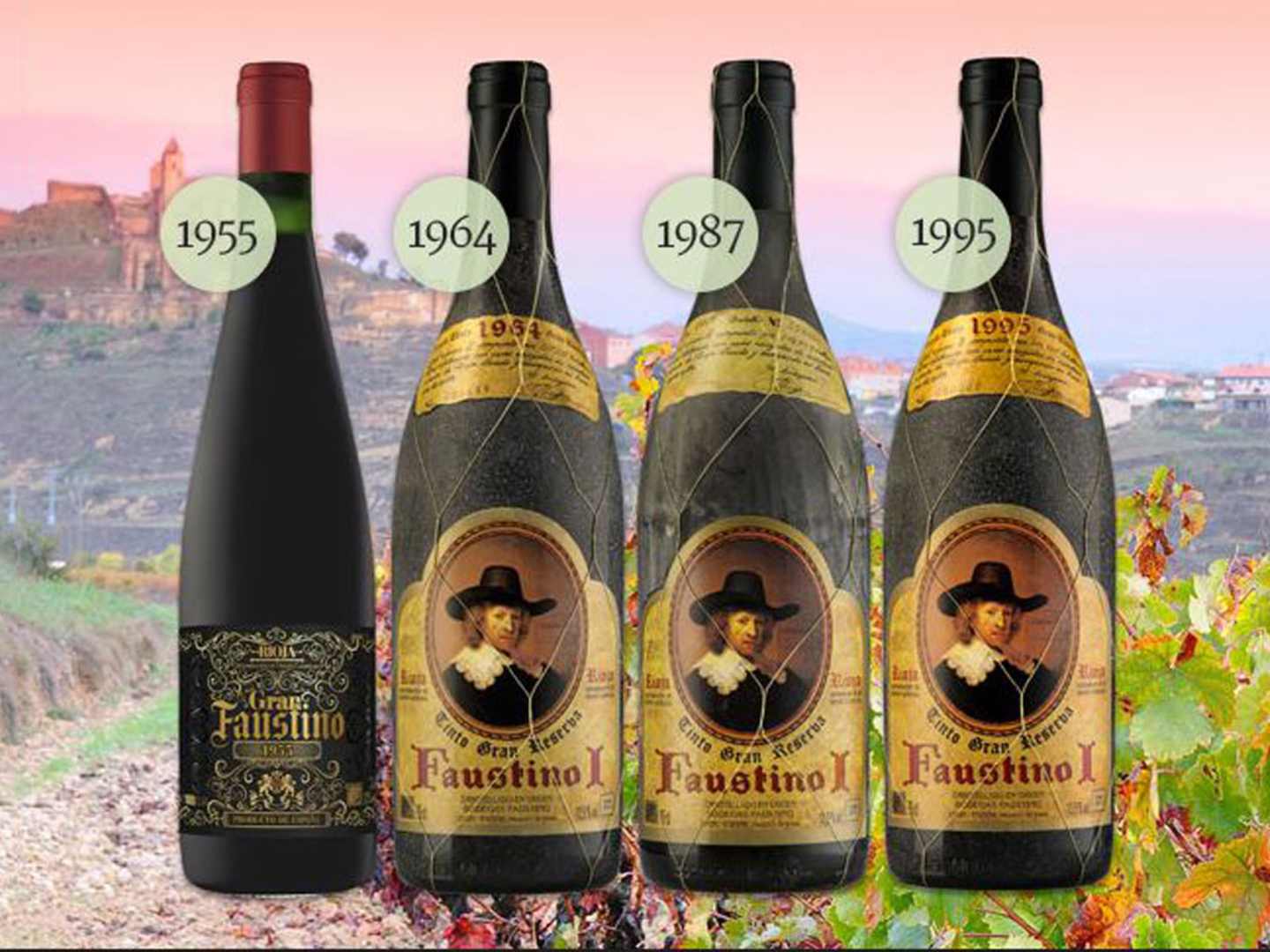 Fyra olika årgångar av Faustino I Gran Reserva.