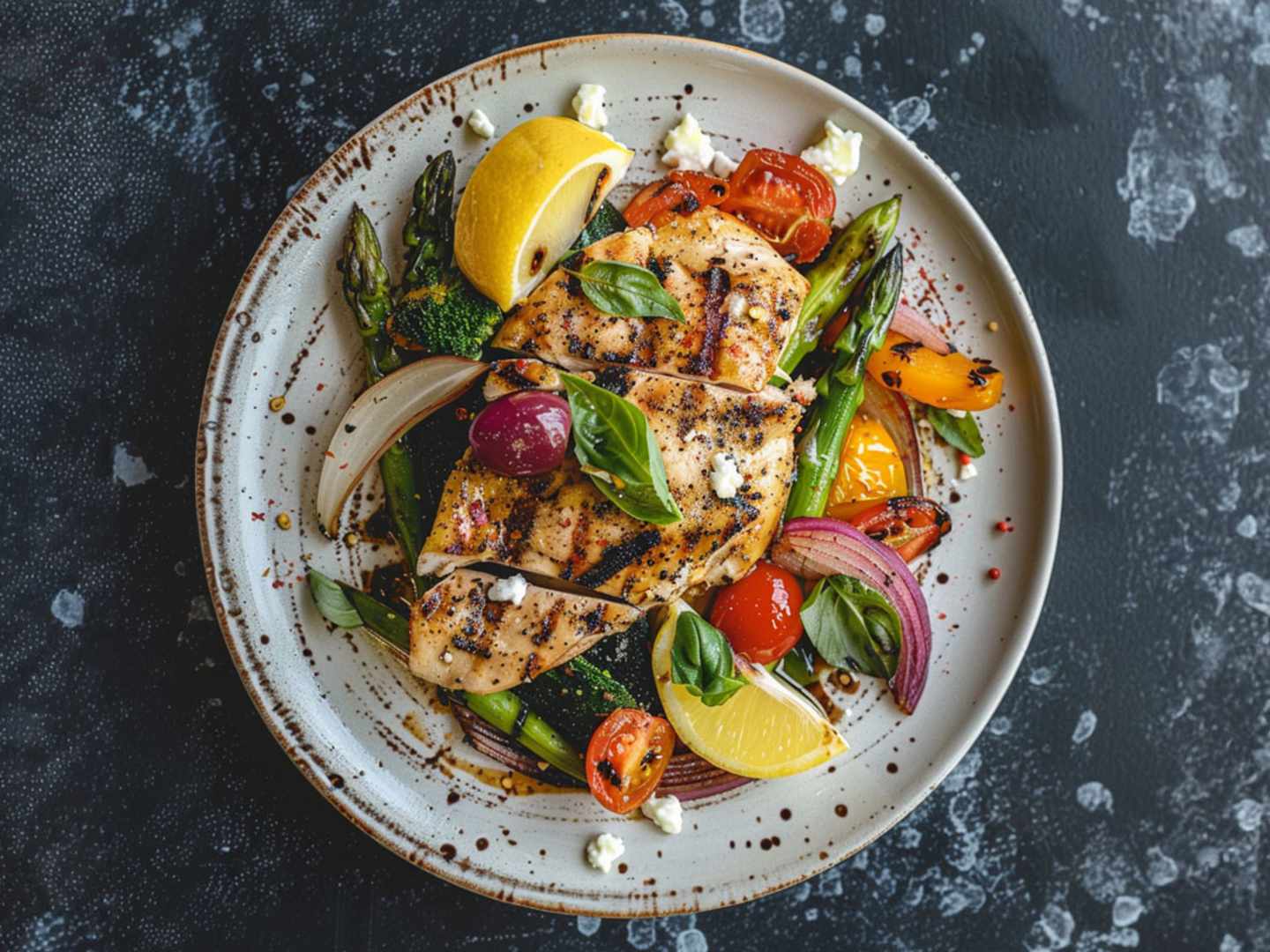 Grillad marinerad kyckling med grillade grönsaker.