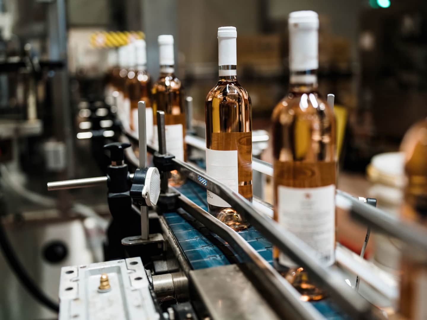 Rosévinflaskor på fabriksband.